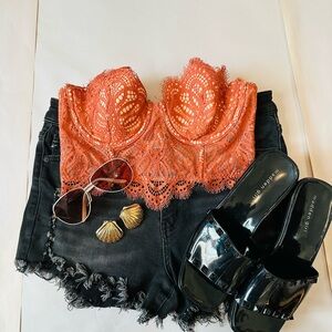 Black denim frayed shorts